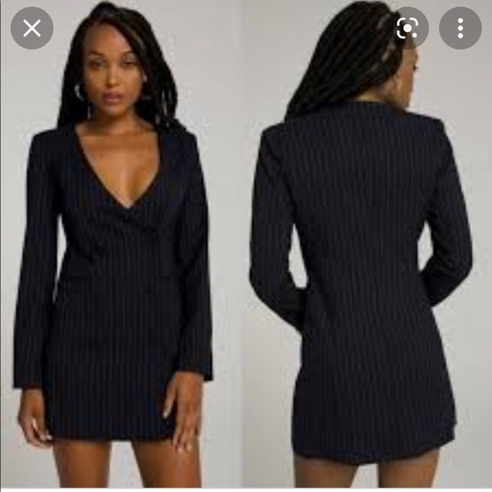 Good American Navy Pinstripe Collarless Blazer Dress